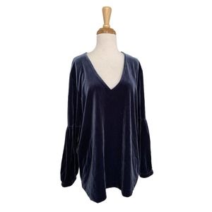 Madewell Blue Velvet Balloon Sleeve Top Boho Style, Velour Size XL